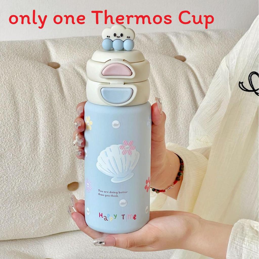 Cute Cartoon Kids Insulated Water Bottle With Double Drinking Straws For School And Travel