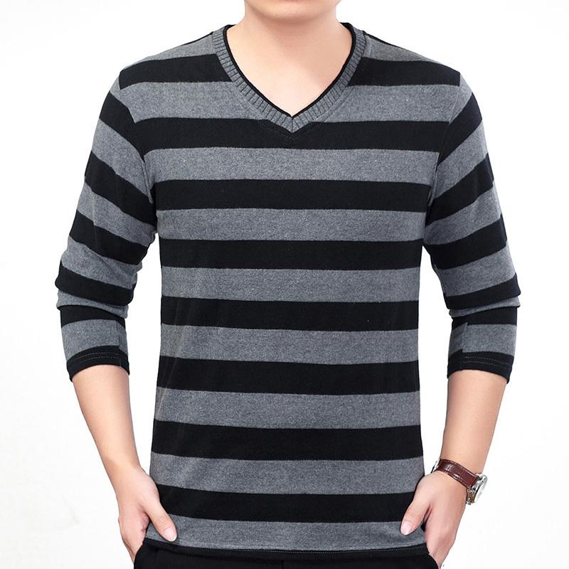 Spring and Autumn Men's V-neck Stripe Thread Decoration Loose Casual Fashion Elegant Commuting Long Sleeved Bottom Shirt