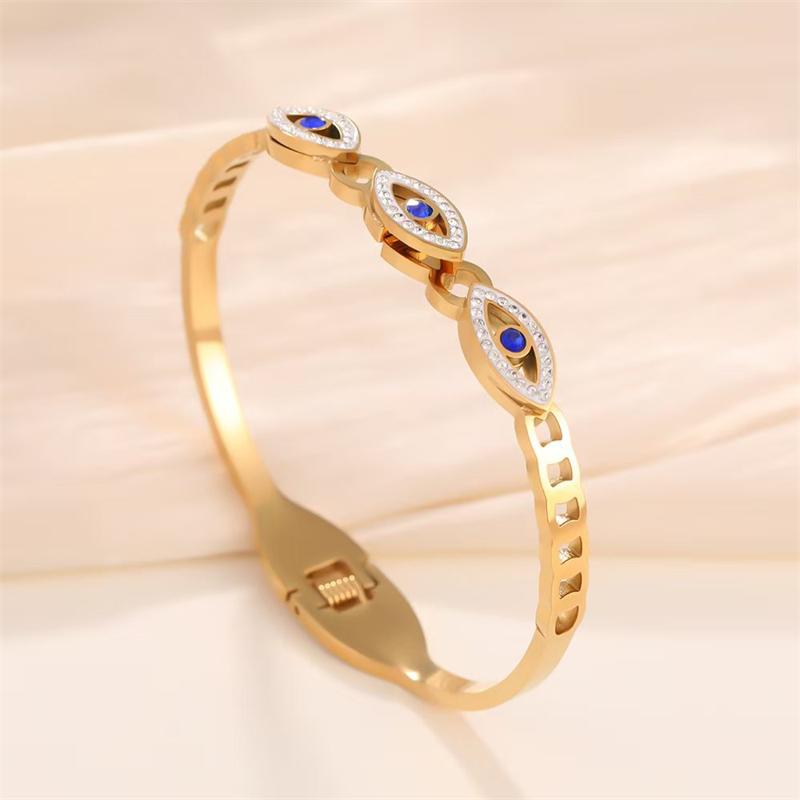 Stainless Steel Turkish Lucky Evil Eyes Open Bracelet For Women Gold Plated Crystal Zircon Open Bangle Party Waterproof Jewelry