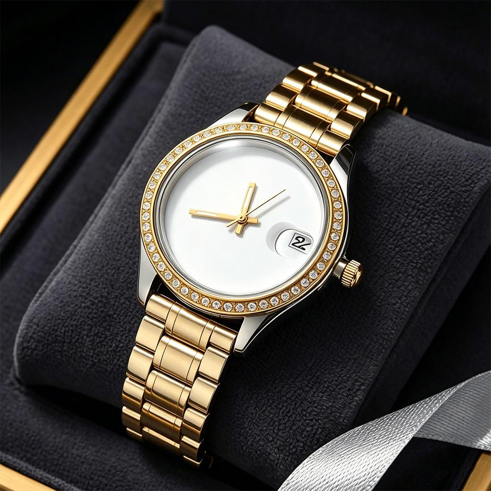 Stylish Women's Stainless Steel Quartz Watch with Calendar & Strap