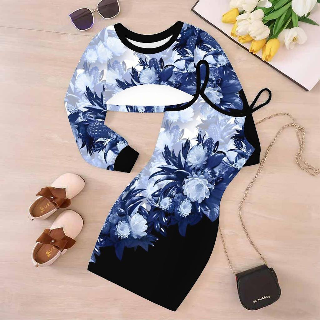Girls Cartoon 2 Piece Outfits, Long Sleeve Crop Top + Spaghetti Strap Bodycon Dress, Colorful Art Print Party Dress Set