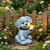 Garden Dog Statue with Solar Butterfly Light Small Resin Puppy Sculpture Outdoor Waterproof Solar Powered Animal Figurine for Yard Patio Lawn