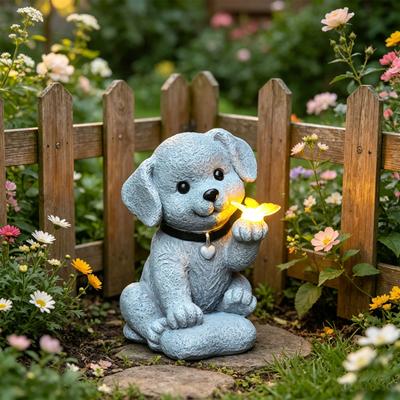 Gartenhundestatue mit Solar-Schmetterlingslicht Kleine Harz-Welpen-Skulptur Wasserdichte Solarbetriebene Tierfigur für Hof, Terrasse, Rasen