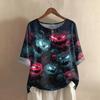 Camicia alla moda e casual da donna a maniche corte con scollo rotondo e stampa, blusa top in cotone e lino