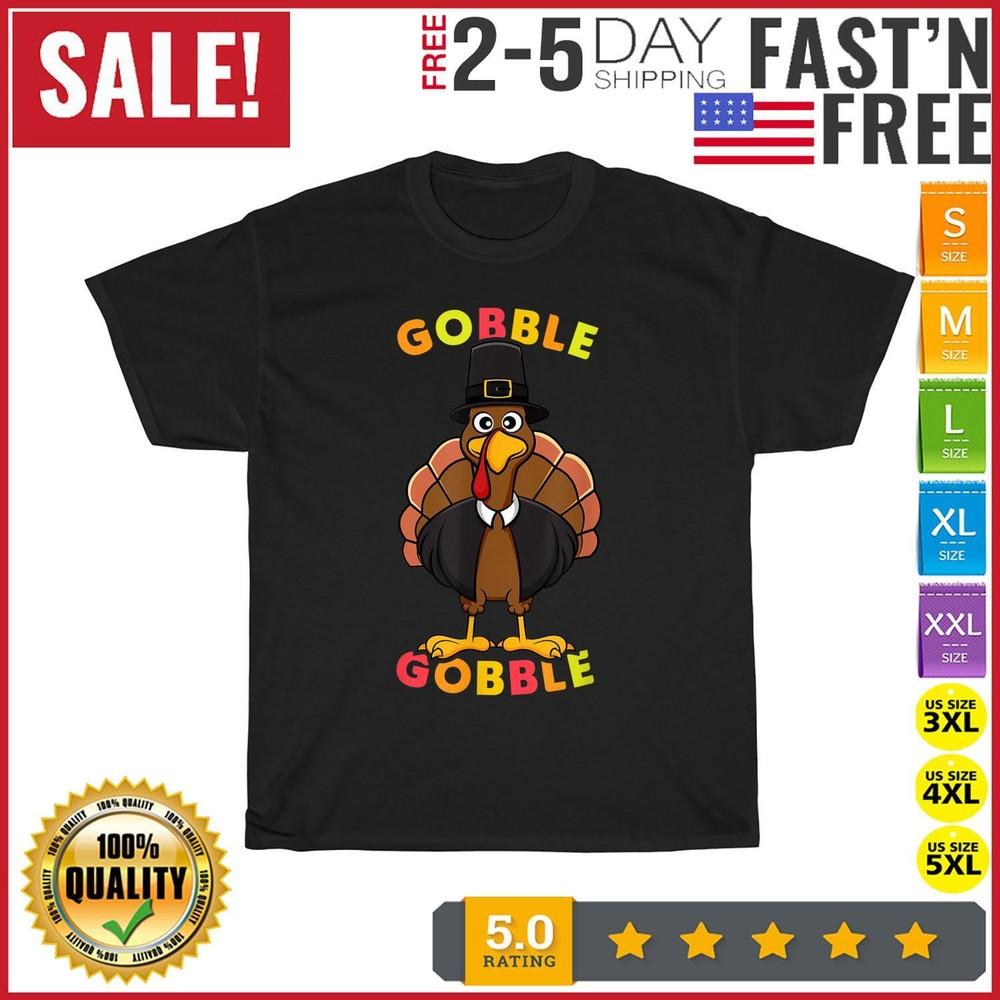 

Gobble Gobble Turkey Pilgrim Cute Thanksgiving Vintage T Shirt Men Women Fashion M