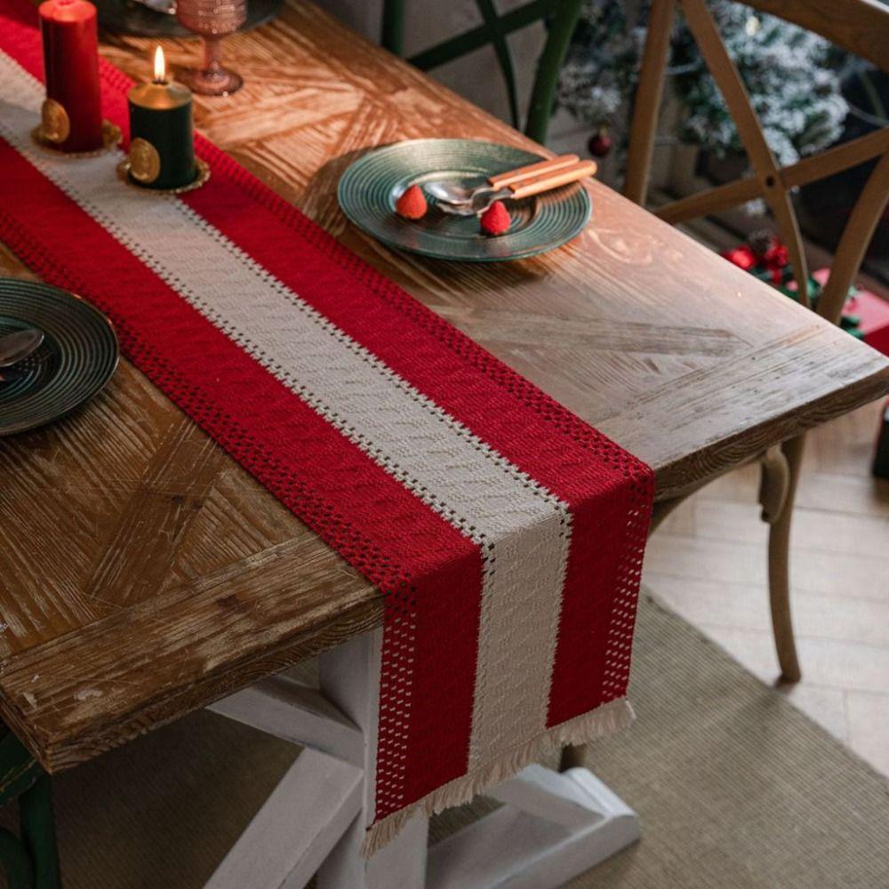 

Light Luxury Splicing Burlap Table Runner with Tassel Nordic Style Table Cover Party S хакі