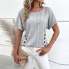 Women's Short Sleeve Pullover Top Crew Neck Knit Blouse Casual Lightweight Button Detail Loose Fit Shirt for Everyday Wear