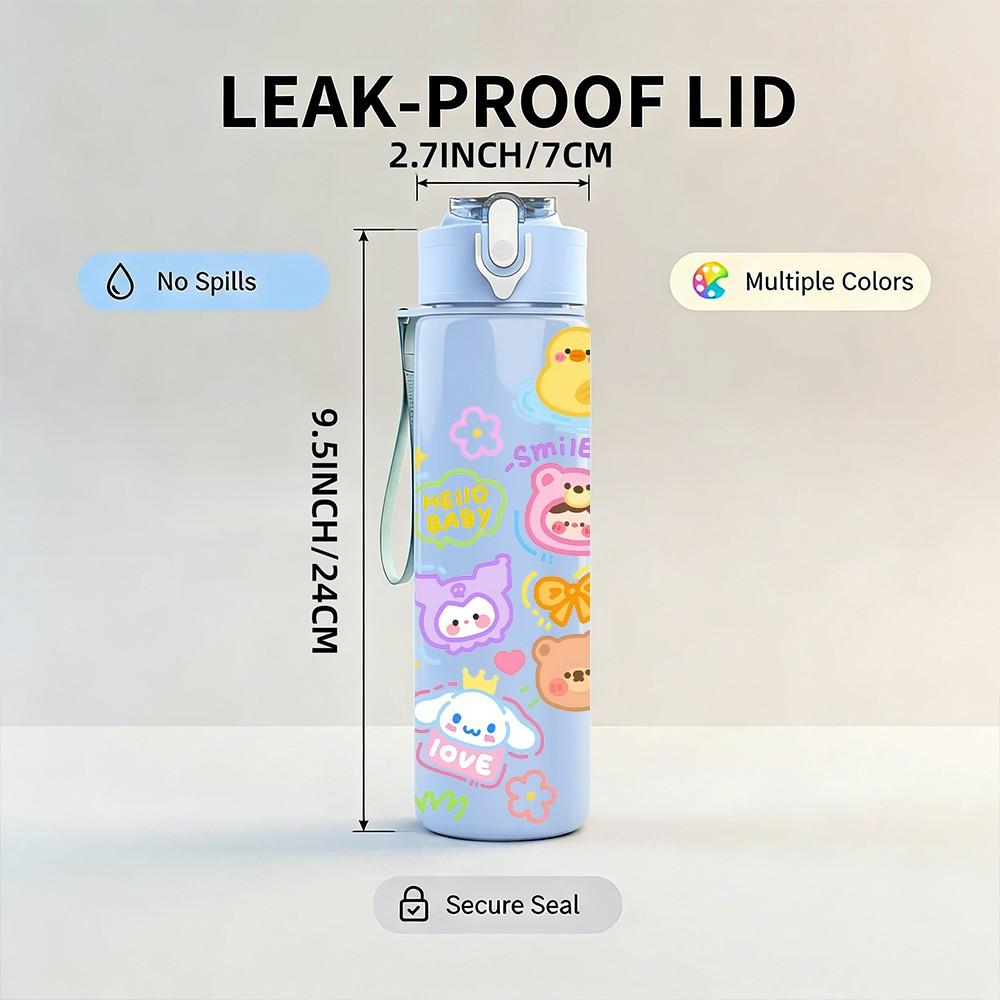 1PC Cute Mixed Cartoon Character Sticker Design 750ml Color Plastic Sports Water Bottle Leakproof Flip Straw Lid Suitable for Sports Office Home Use