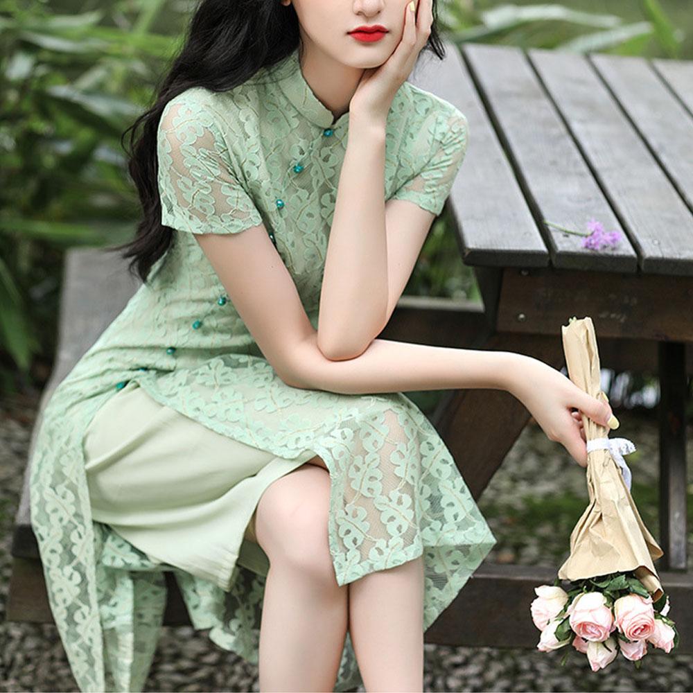 Krajka Středně dlouhá Denní Cheongsam Upravený Nízký výstřih Slim Fit Velká čínská velikost Šaty Ao Dai