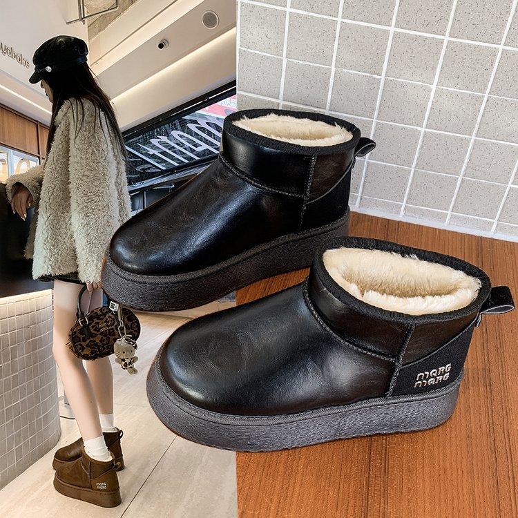 Large size snow boots women's winter new leather fashion casual platform cotton shoes cotton boots women