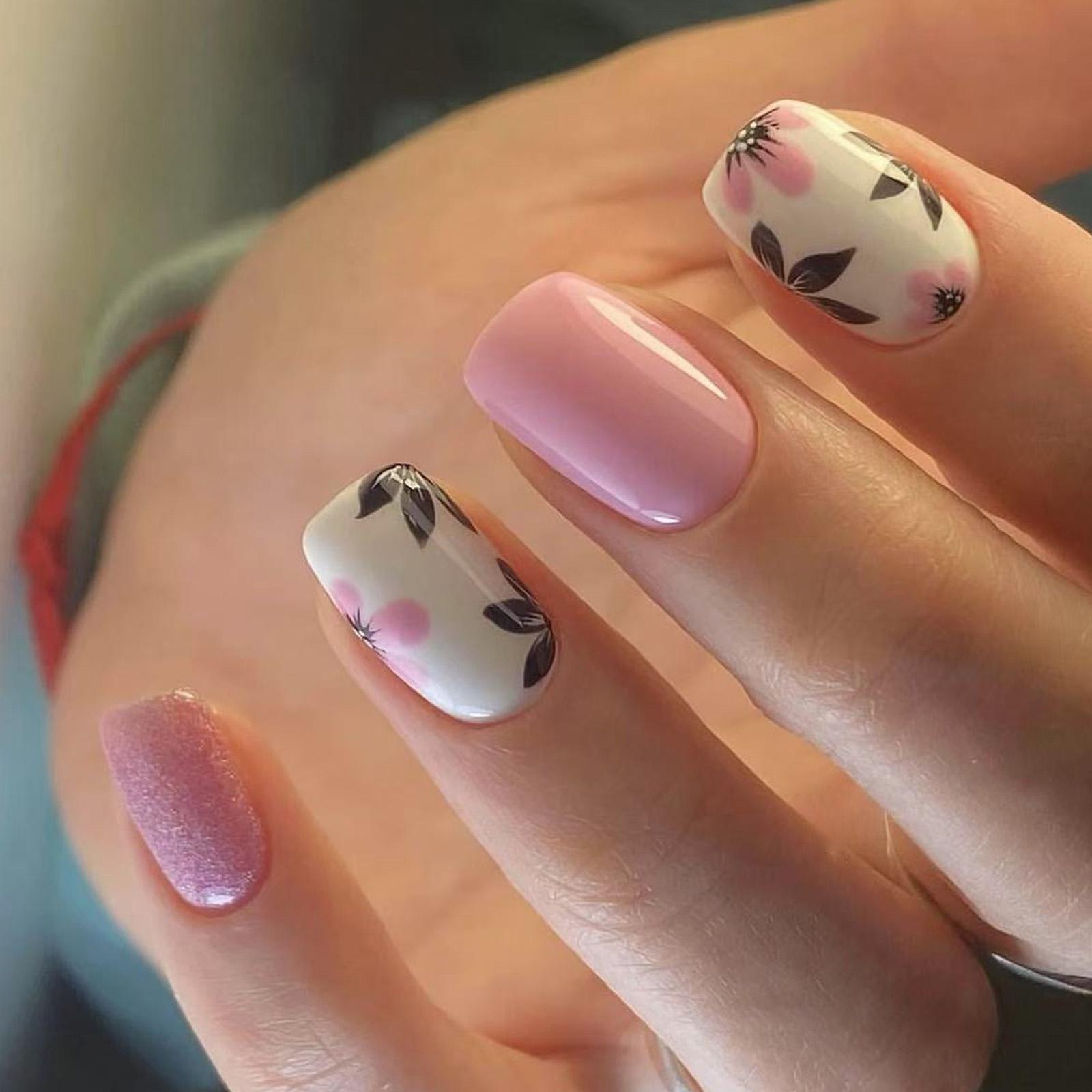 

Квадратные накладные ногти с цветами, наклейки для ногтей 12 размеров, 24 шт., французские типсы для DIY украшений для нейл-арта