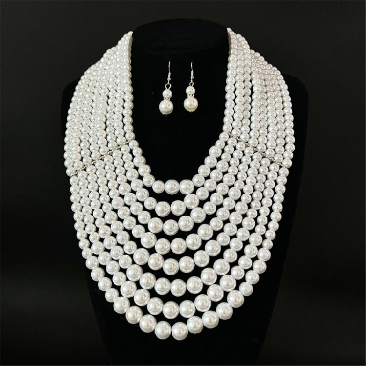 Versatile Multi Strand Simulated Pearls Necklace Earrings Set Vintage Inspired Design Clavicle Chain For Fashionistas