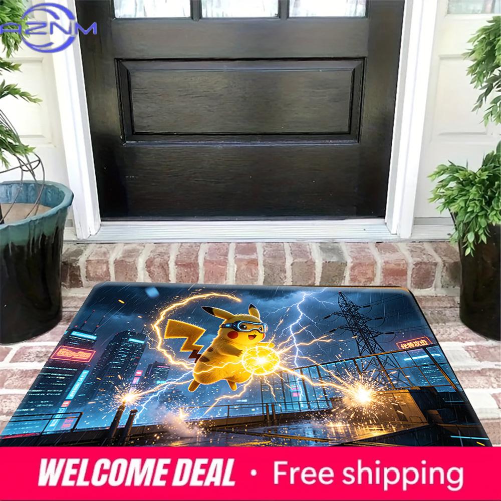 Pikachu Thunderbolt City Night Print Doormat Non-Slip Water Absorbent Floor Mat for Home Decor