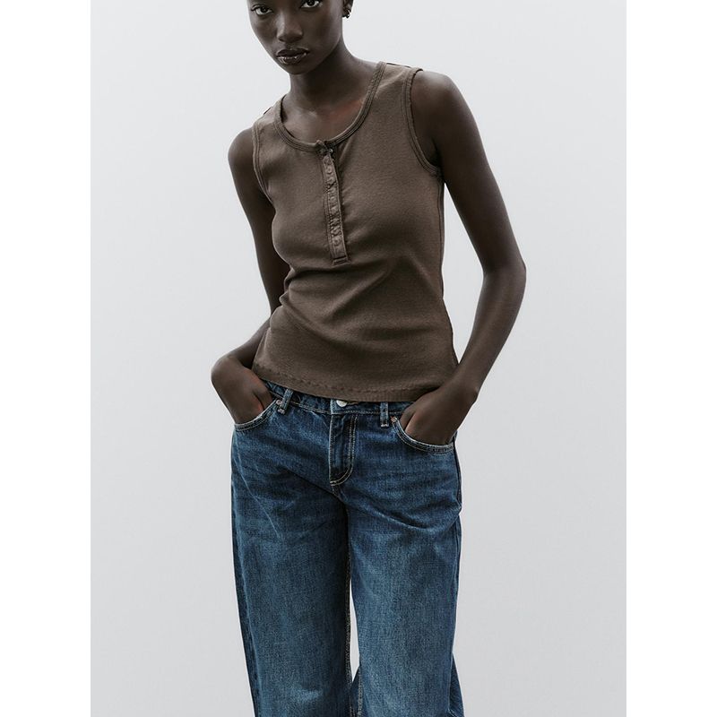 Spring and Summer New Women's Clothing Cotton Blended Multi-Color Washed Rib Vest round Neck Sleeveless Tops 3253338