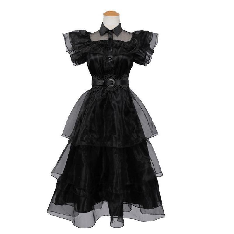 Adams Family Costume Halloween Children Cosplay Costume Wednesday Black Veil Dress