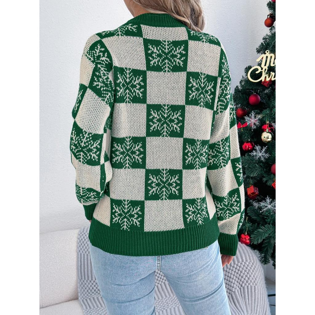 Autumn Winter Snowflake Checkered Knitted Sweaters Lantern Pullover Sweater Women's Christmas Sweater