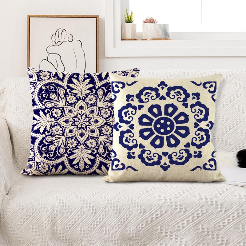 2Pcs Chinese Style Cushion Covers Blue and White Porcelain Printed Throw Pillows Cases Home Sofa Car Seat Decor Elegant 45x45cm