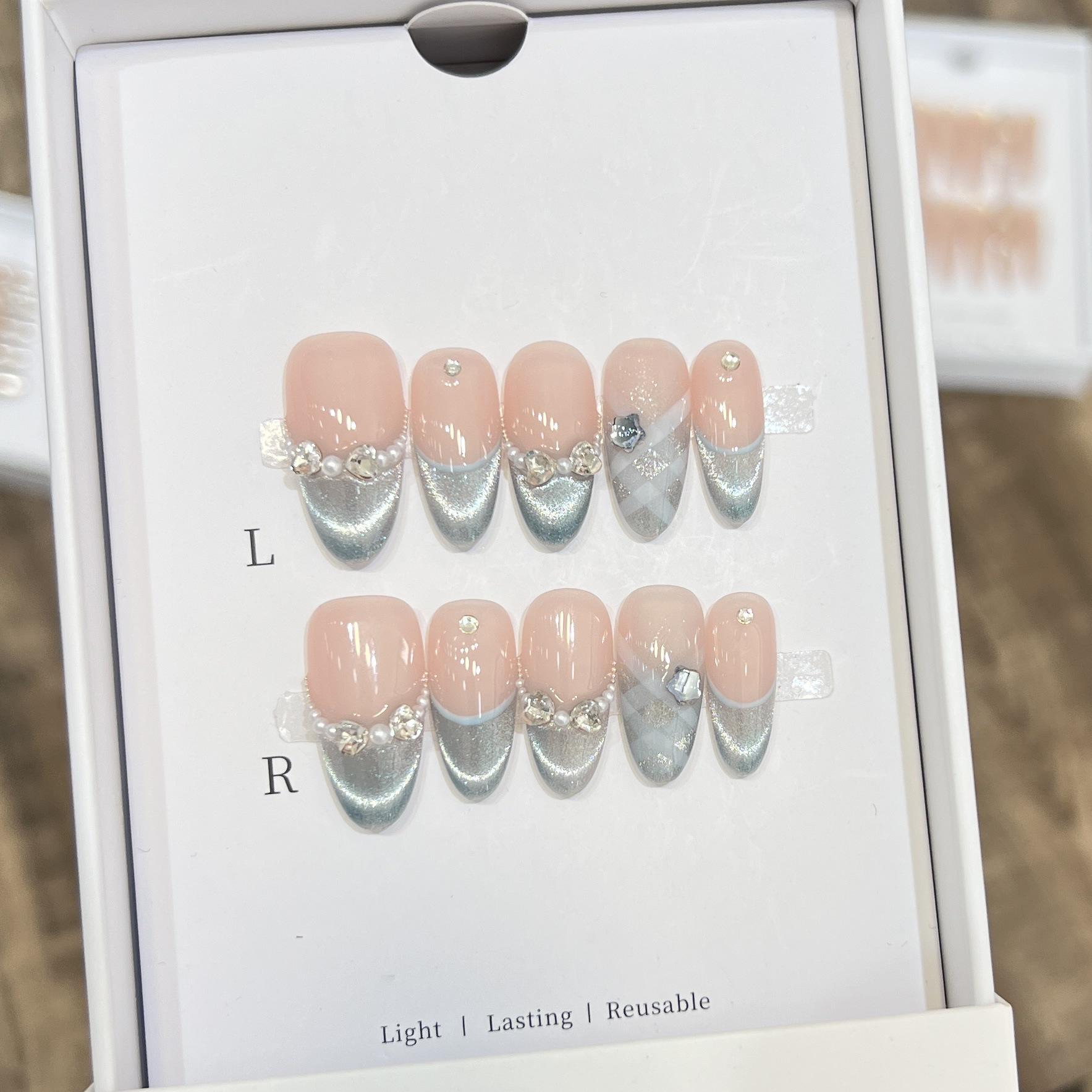 

High-End Cat Eye Blue Rhinestone Pearl French Manicure: Handmade Argyle Nail Tips Medium