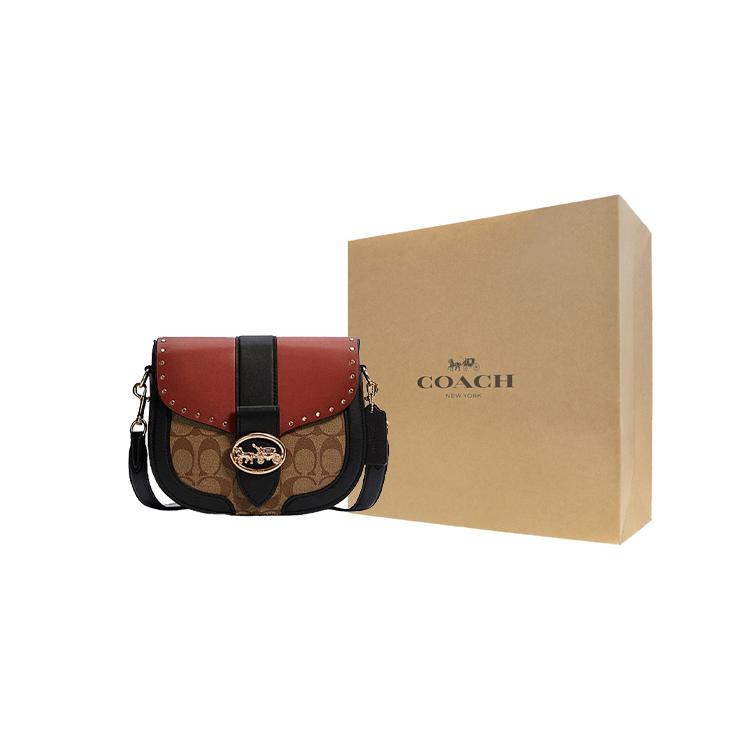 COACH Georgie Leather Saddle Bag, Shoulder Bag, Crossbody Bag Small Women's Black & Red Brown C3593-IMRL7