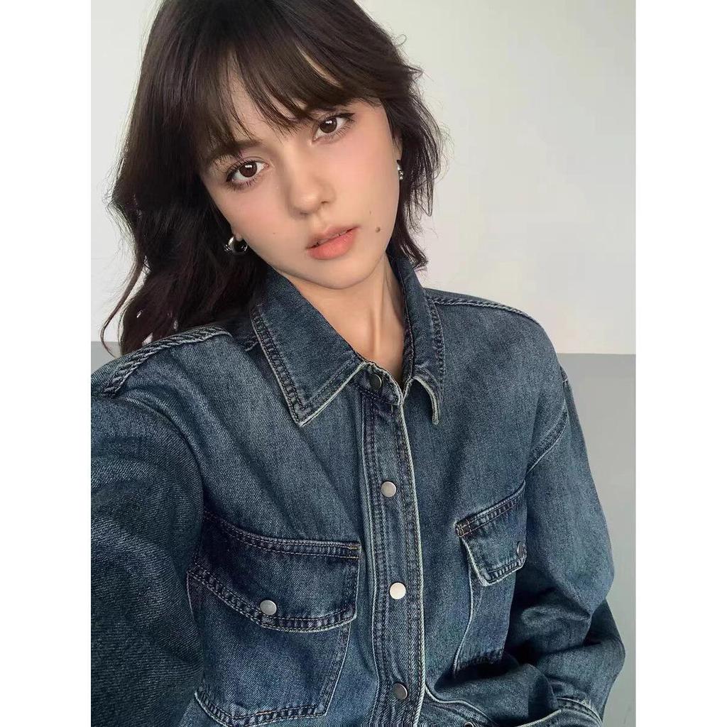 Unisex Vintage American Retro Blue Denim Shirt Jacket 2025 - Long Sleeve, Suitable for Spring, Autumn, and Winter