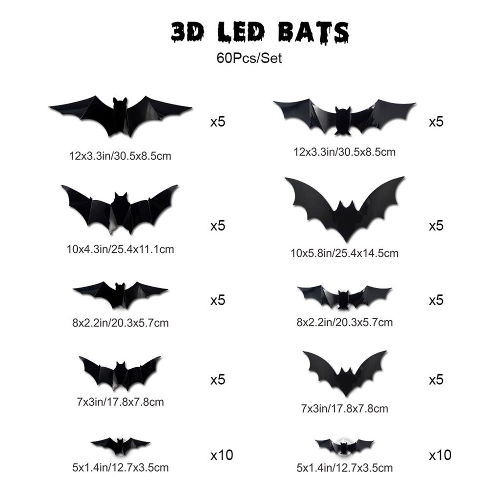 12/24/36/48/60Pcs New Halloween 3D Lighted Bats Wall Stickers Halloween Party DIY Decorative Horror Bats Removable Stickers