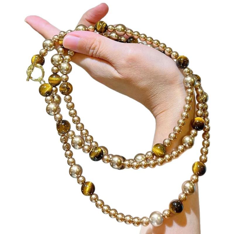 Maillard Natural Boutique Œil de Tigre Pierre Couleur Mixte Brun Mocha Doré Collier de Perles Collier pour Femme