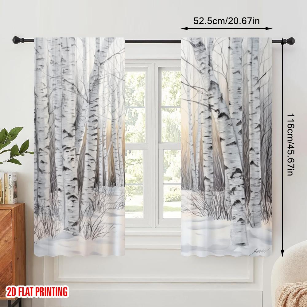 2pcs,2D plane printing Creative Curtains Winter Birchwoods Versatile Fabric (without rod) Room Decor Ldeal for Bedroom Living