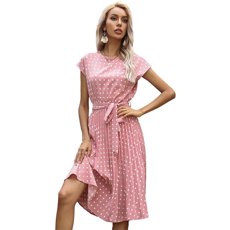 Women's Summer Polka Dot Round Neck Midi Dress with Retro Pleated Skirt
