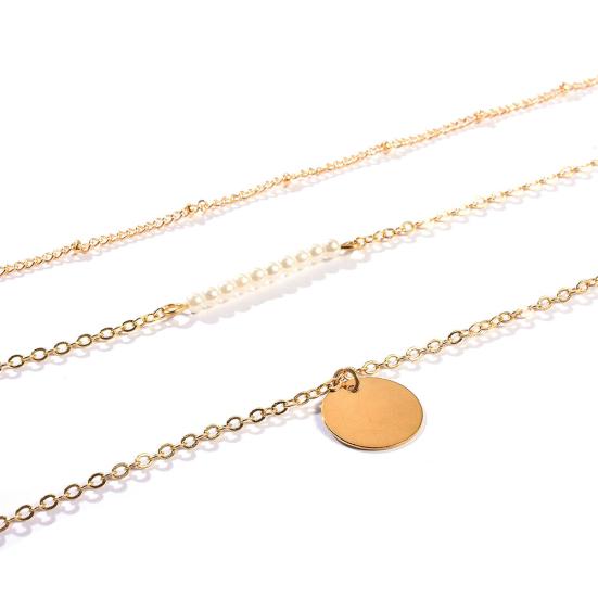 Women's Stylish Faux Pearls Polished Coin Charm Pendant Three Layers Necklace