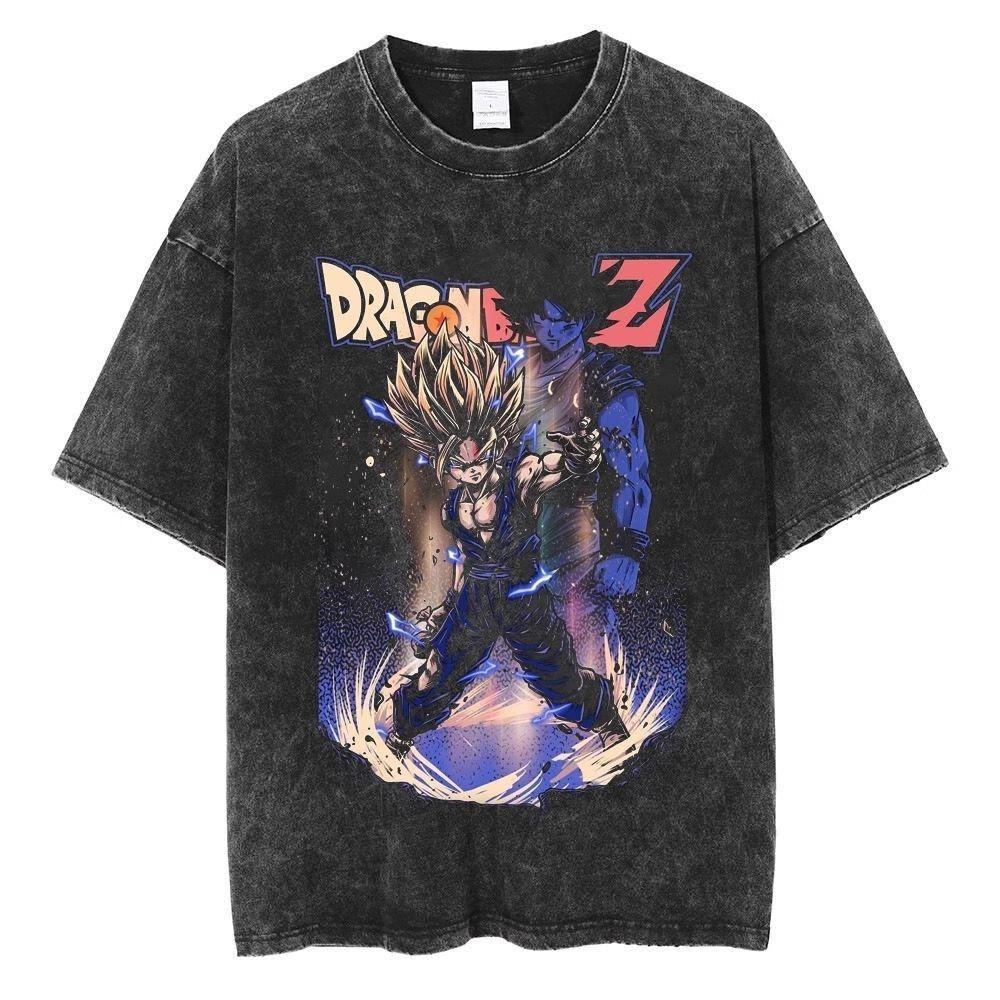 Trending Super Saiyan Vintage Washed Cotton Oversized T Shirt Anime Print Tee for Men Women