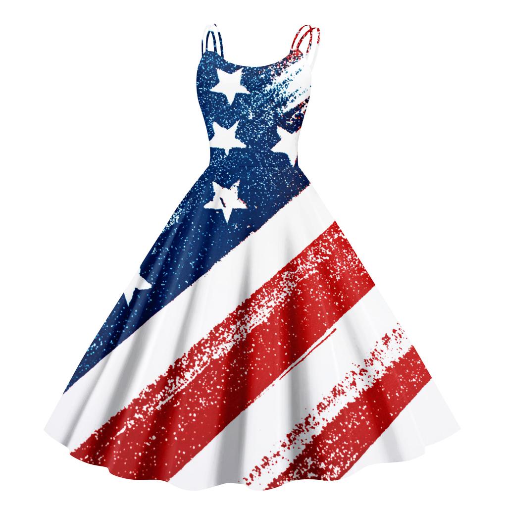 Women’s Sleeveless Off Shoulder Punk Retro Dress with Star Print Vintage Style Flared Hem for Holiday Party Wear