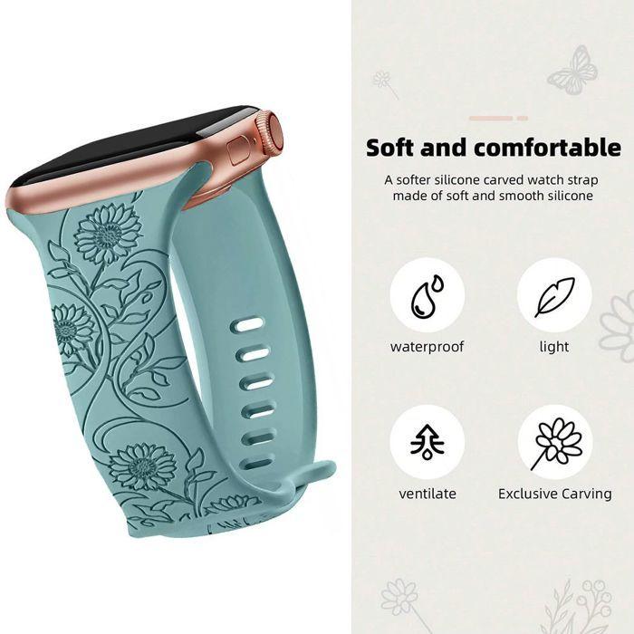 2x Bracelet pour Apple Watch Series Ultra 1/2, 10, 9 8 SE 7 6 5 4 3 2 1 42mm-44mm-45mm-46mm-49mm TPU Motif Tournesol Rose et Vert