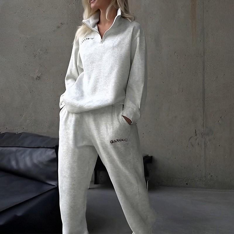 Kleidung Damen Modisches Kostüm Lässig Locker All-Match Einfarbige Langarm Pullover Hosen Sets