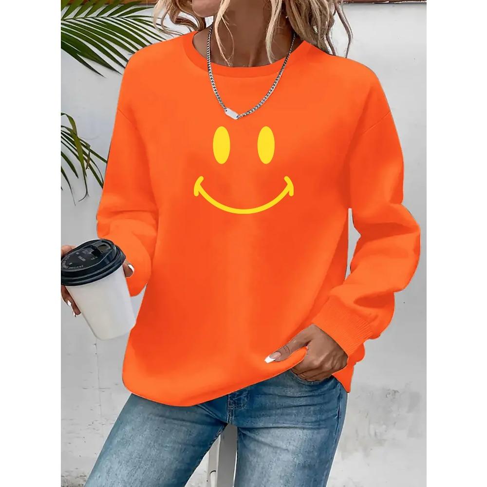 Ladies' Fashionable Cartoon Micro Smiling Face Printed Pullover, Casual