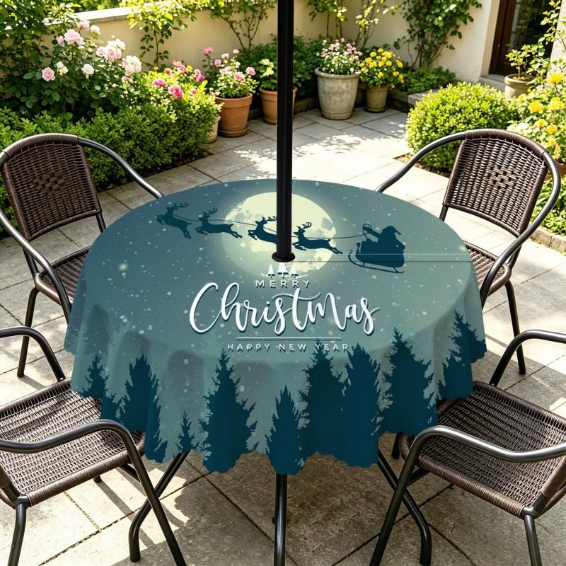 Outdoor Christmas Tablecloth Round Waterproof Oil-Resistant Patio Table Cover Garden Deck Umbrella Hole
