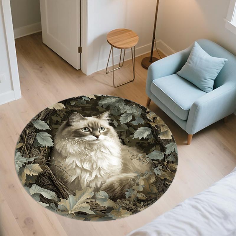 Ragdoll cat and grass pattern round rug,Carpet Rug for Living Room Bedroom Playroom ,Non-slip Floor Mat,Holiday Gifts and Birthday Gifts.