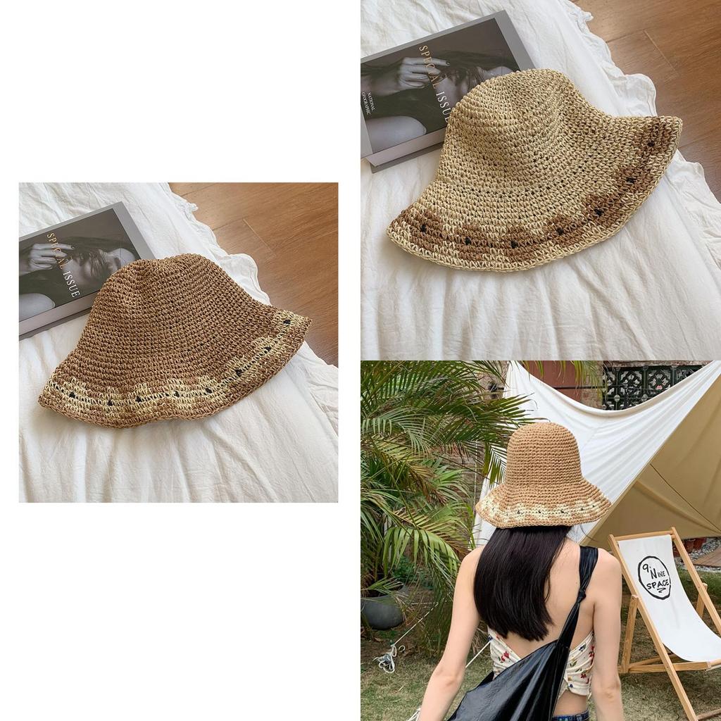 Fashionable Round Top Straw Hat For Women Sunshade Uv Protection Beach Hat