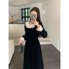 French Ruffled Collar Velvet Dress Women's Autumn and Winter Temperament High-waisted A-line Skirt Hepburn Style Waist Thin Long Dress
