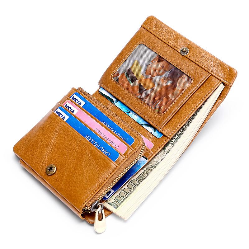 Trifold Genuine Leather Vintage Wallet Short RFID Anti-Theft Money Sleeve Multi-Card Slot Oil Wax Cowhide Wallet for Men