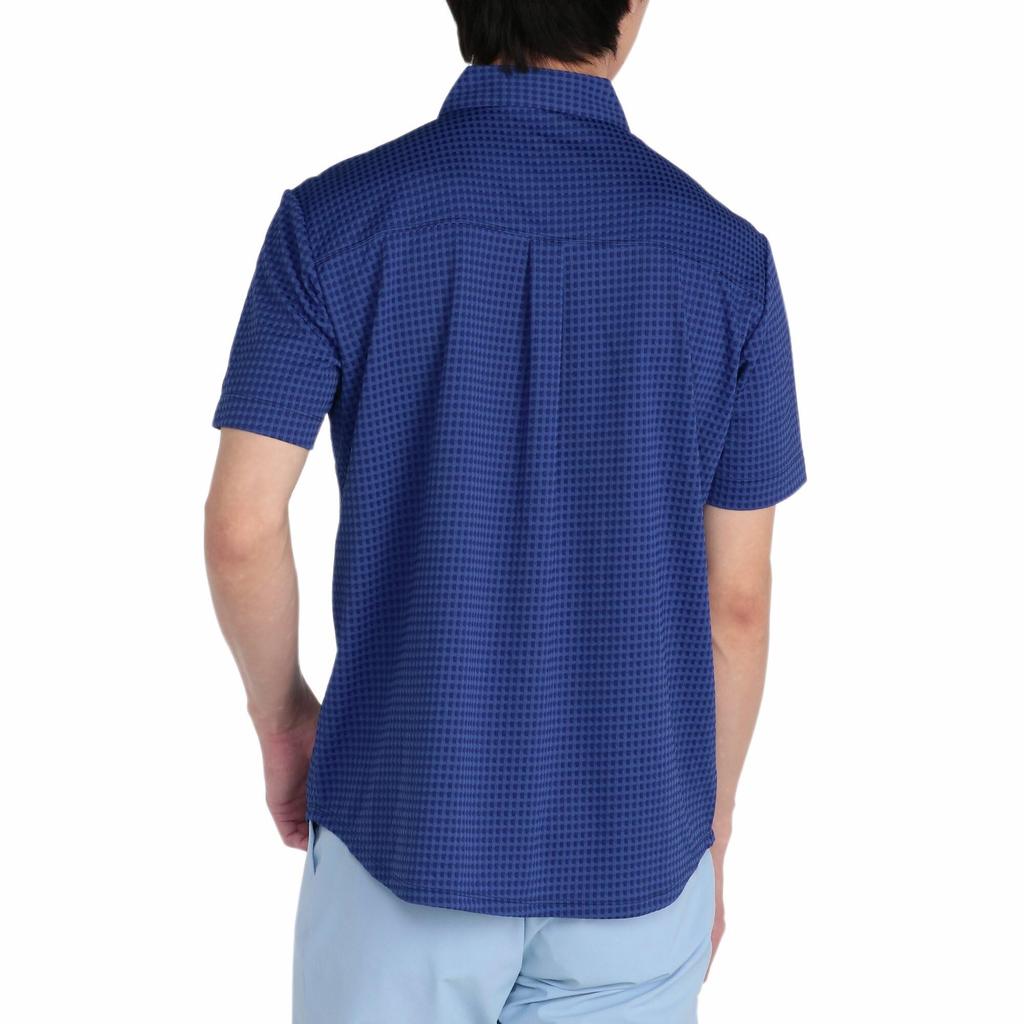 Mizuno Golf Wear Knit Jacquard Gingham Short Sleeve Shirt with and E2MAC018 Button-Down Collar, Moisture-Wicking Quick-Drying, Navy,