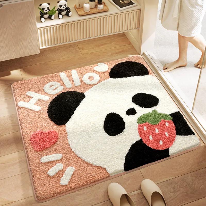 Cartoon Panda Series Square Bath Mat Superfiber Flocked Bathroom Rug Anti-Slip Water-Absorbent Foot Mats Carpet