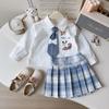 Girls' Cartoon Puppy Two-Piece Set: Shirt & Pleated Skirt with Tie - Mori Girl Style