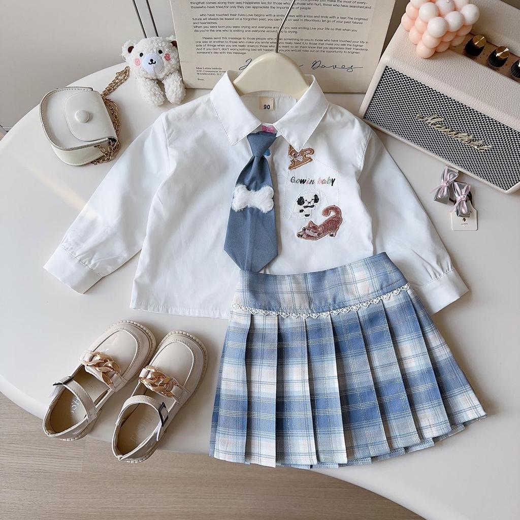 Girls' Cartoon Puppy Two-Piece Set: Shirt & Pleated Skirt with Tie - Mori Girl Style