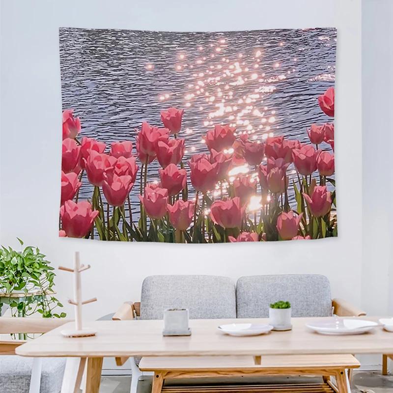 Sunlit Tulip Garden Tapestry  Vibrant Pink Flowers  Sparkling Water  Unique Wall Art for Home Decor Living Room  Gift Idea