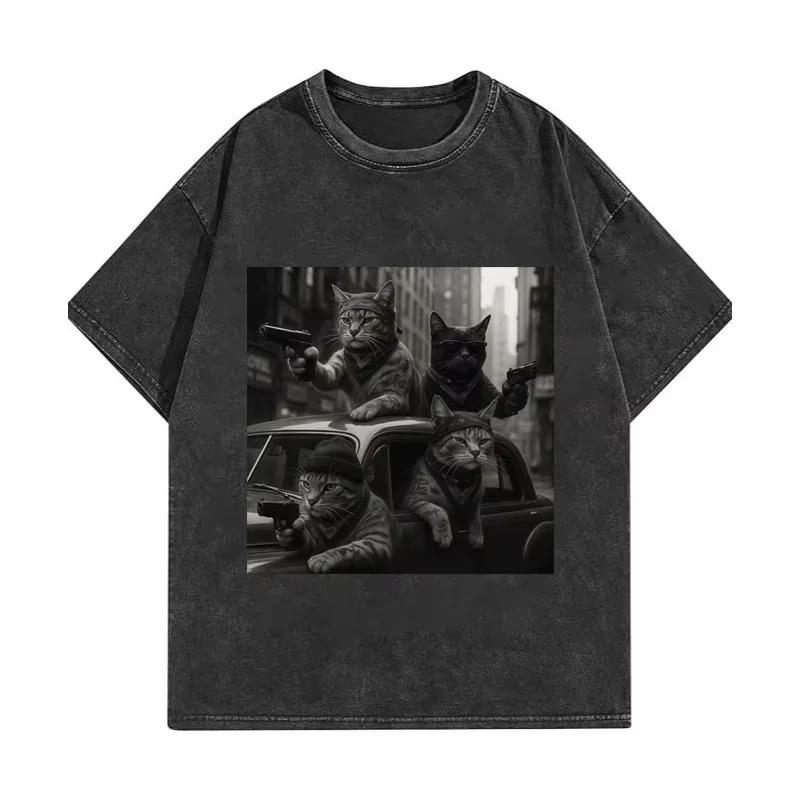 Retro Acid Washed Oversized Streetwear Graphic TShirt Featuring Anthropomorphic Gangster Mob Cats In Urban Retro Crime Car Scene S