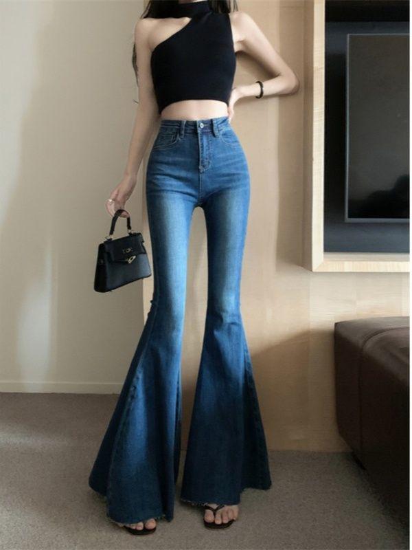 

Женские джинсы клеш с высокой посадкой - Стройнящие, широкие штанины, с бахромой, длиной до пола для весны/лета Medium