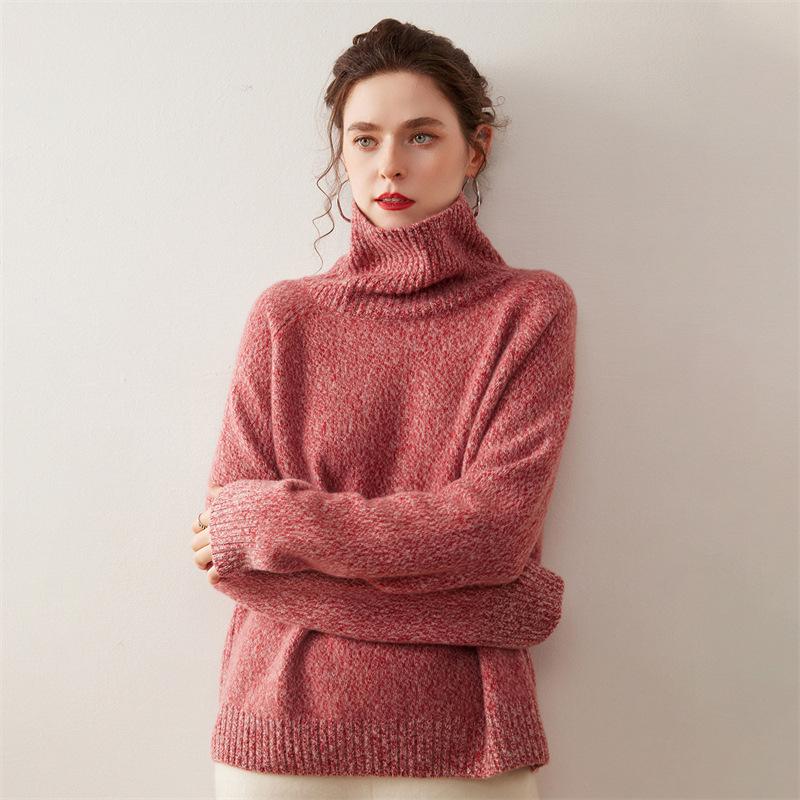 Autumn/Winter 2025 Women's Cashmere High Neck Loose Cardigan, Marled Yarn Knit, Plus Size.
