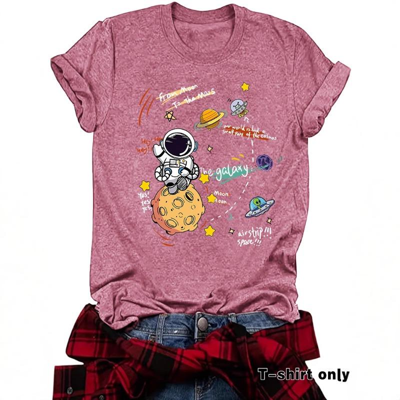 Damen T-Shirt mit Astronauten-Print Kurzarm Lockeres Mode-T-Shirt