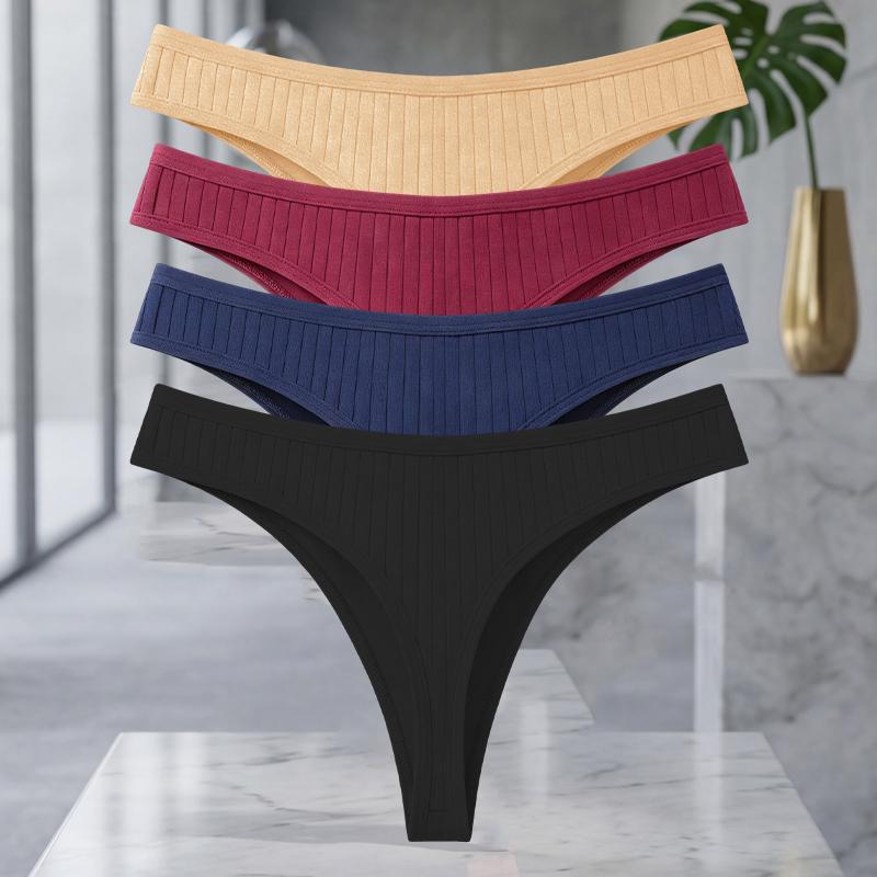 FINETOO 4Pcs/Set Cotton Ribbed Thongs For Women Seamless Solid Color High Quality Underwear Ladies Cozy Breathable Sexy G-String