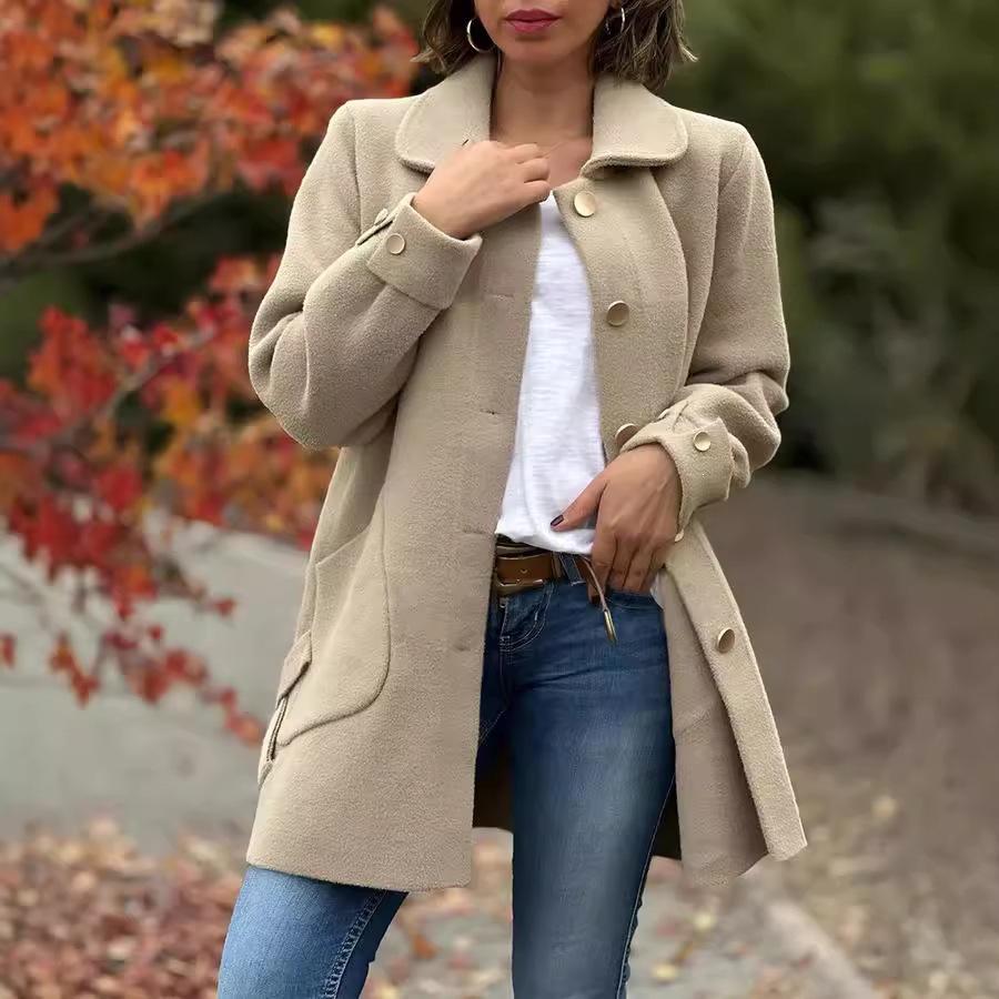 New Autumn Winter Women's Lapel Collar Solid Color Casual Bowknot Woolen Coat